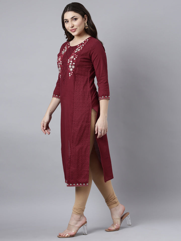 Neerus Maroon cotton solid straight kurti - back view