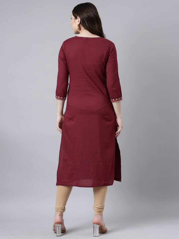 Neerus Maroon cotton solid straight kurti - side view