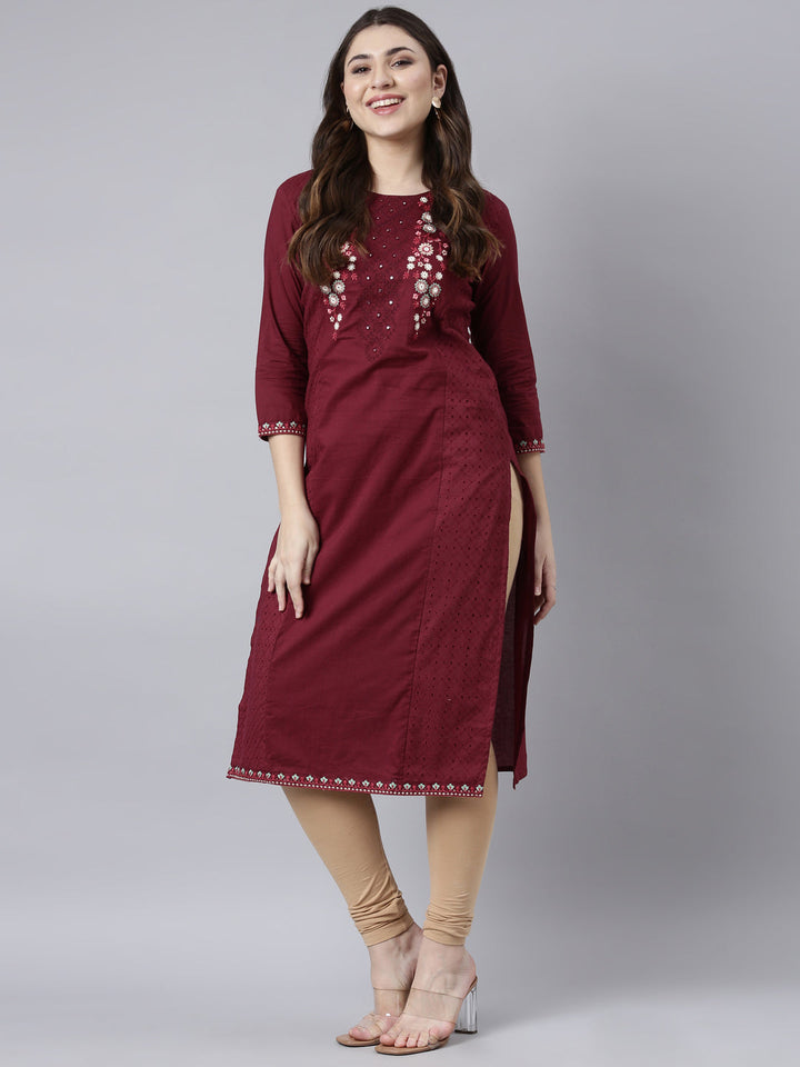 Neerus Maroon cotton solid straight kurti - detail view 2
