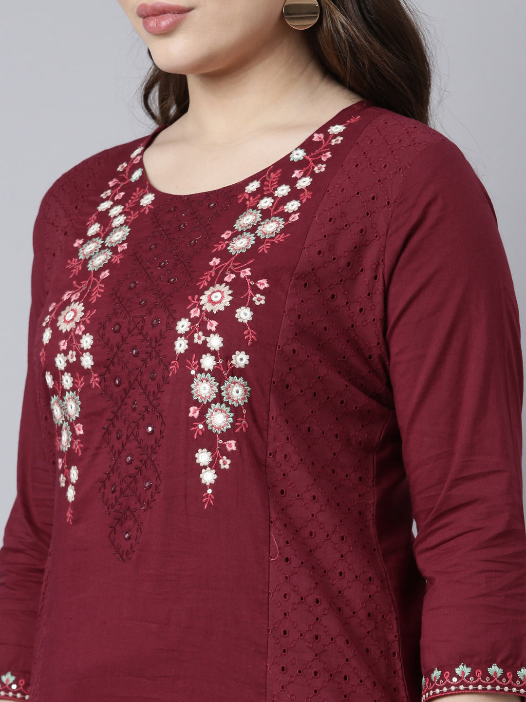 Neerus Maroon cotton solid straight kurti - detail view 1