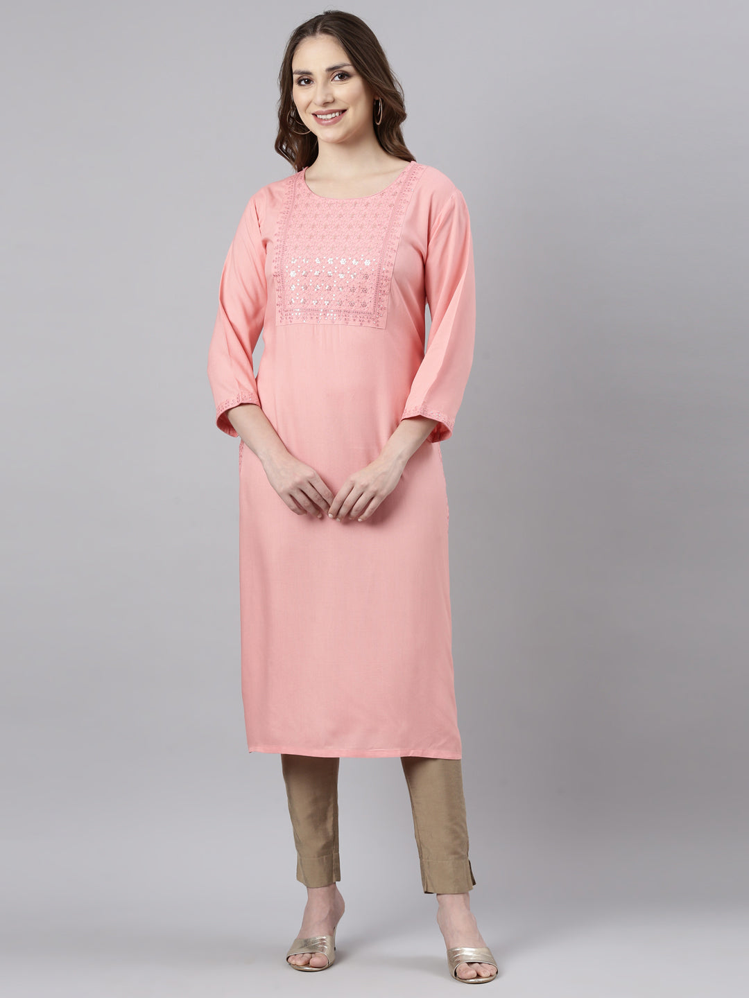 Neerus Pink solid straight kurti - front view