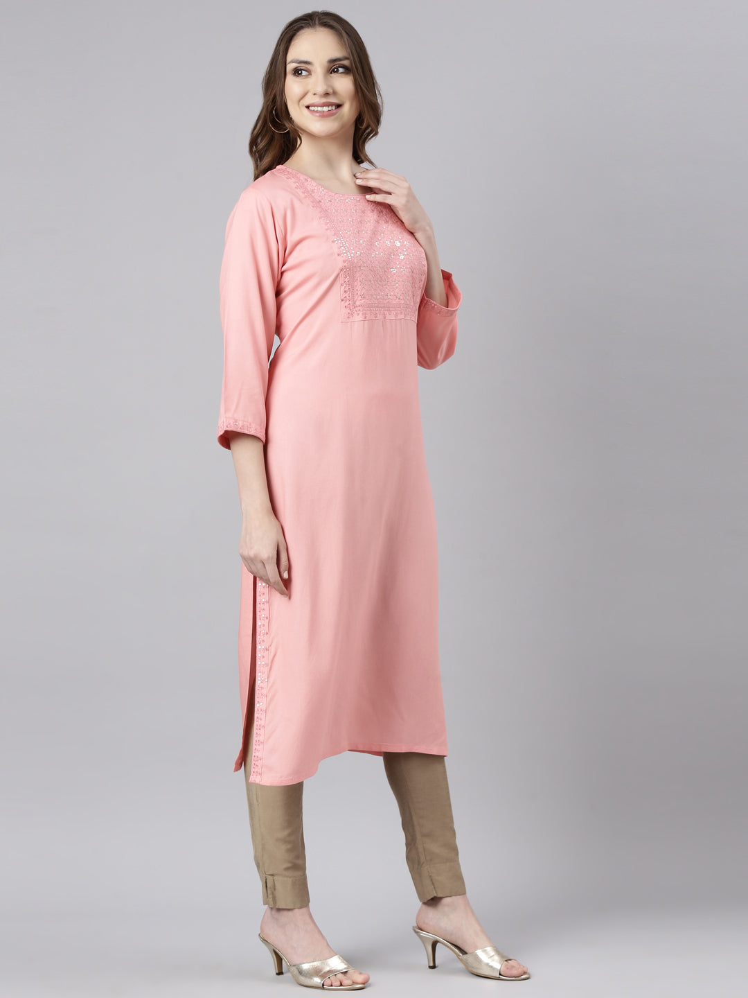 Neerus Pink solid straight kurti - back view