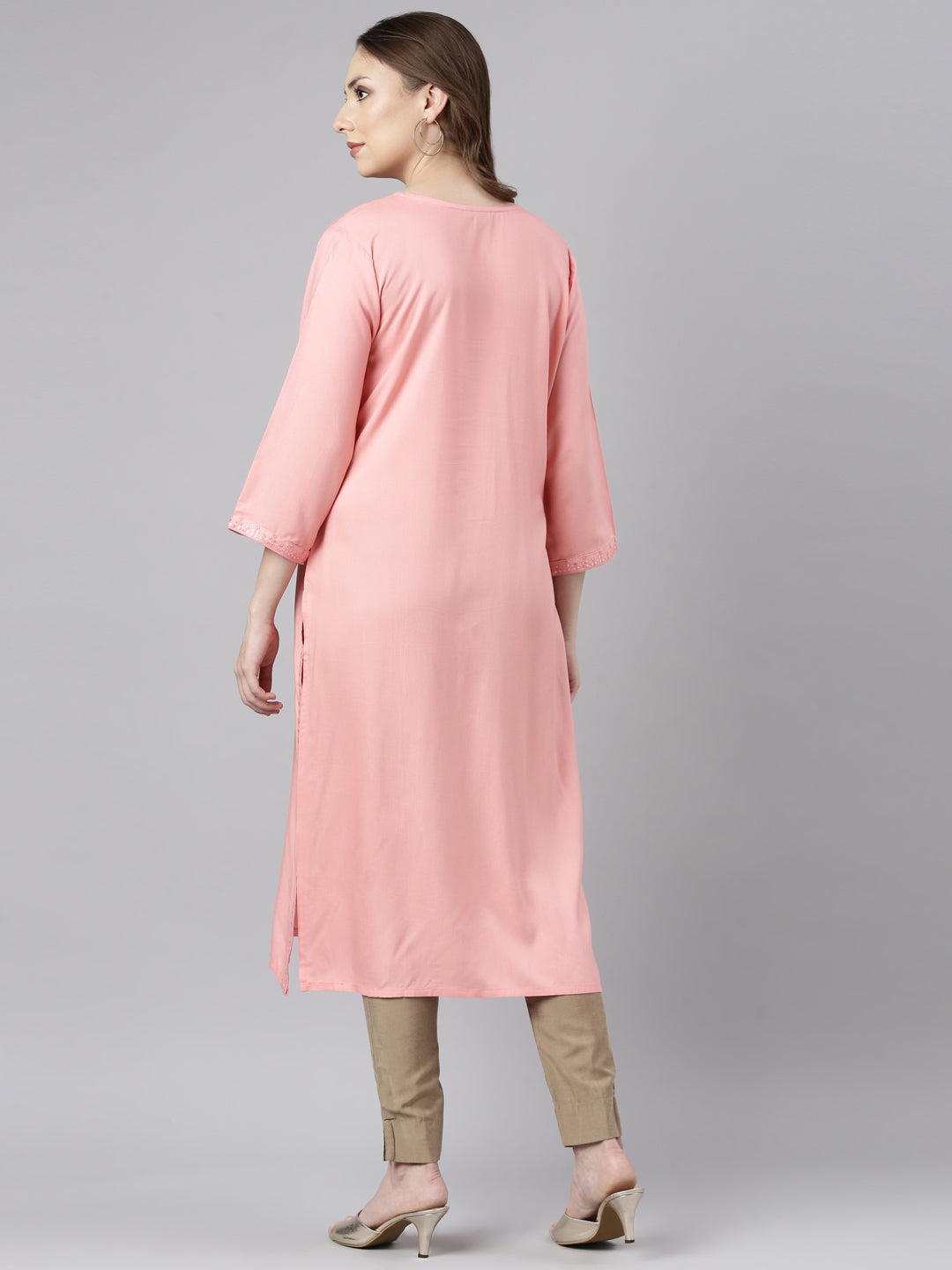 Neerus Pink solid straight kurti - side view