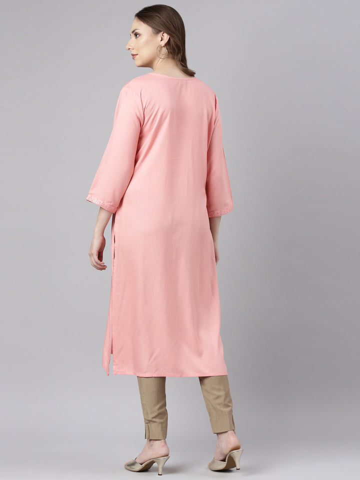 Neerus Pink solid straight kurti - side view