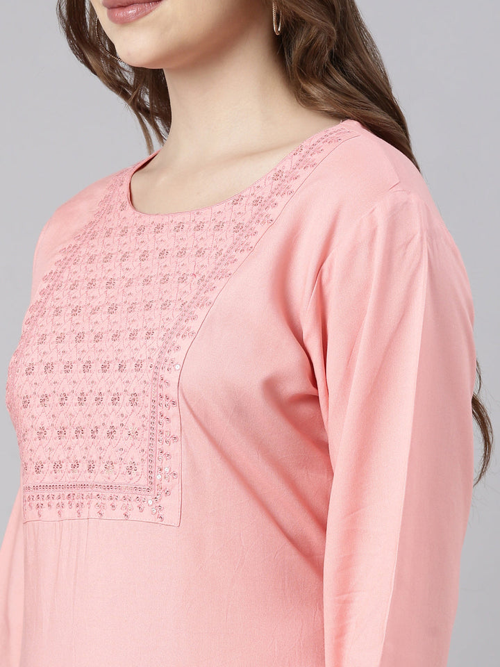 Neerus Pink solid straight kurti - detail view 1