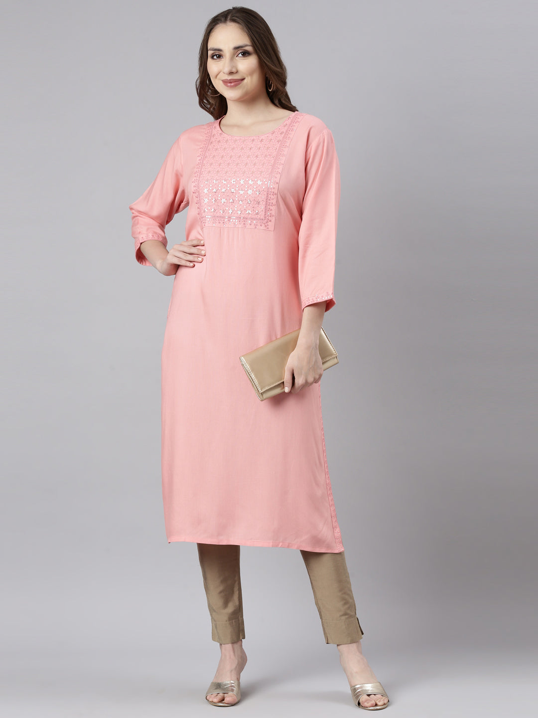 Neerus Pink solid straight kurti - detail view 2