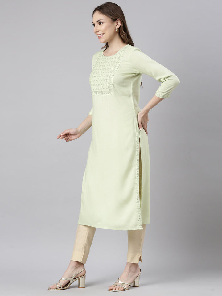 Neerus Green viscose rayon solid straight kurti - back view