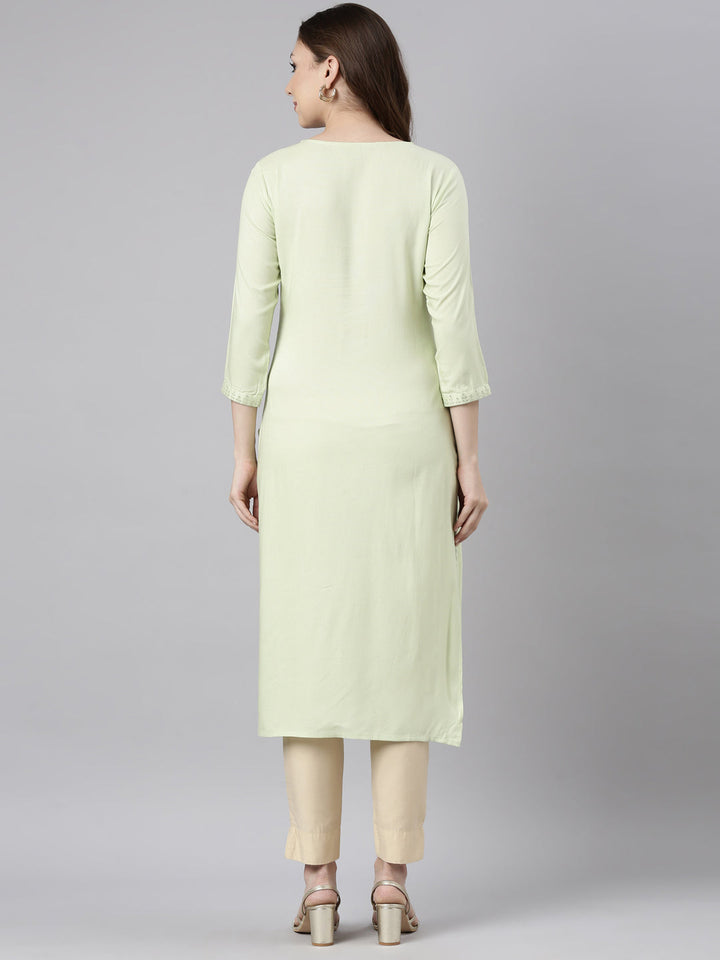 Neerus Green viscose rayon solid straight kurti - side view
