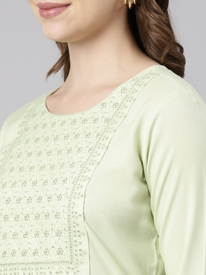 Neerus Green viscose rayon solid straight kurti - detail view 1
