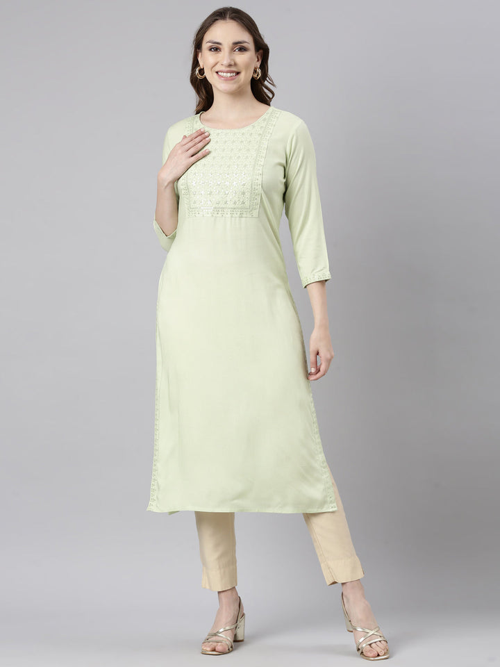 Neerus Green viscose rayon solid straight kurti - detail view 2