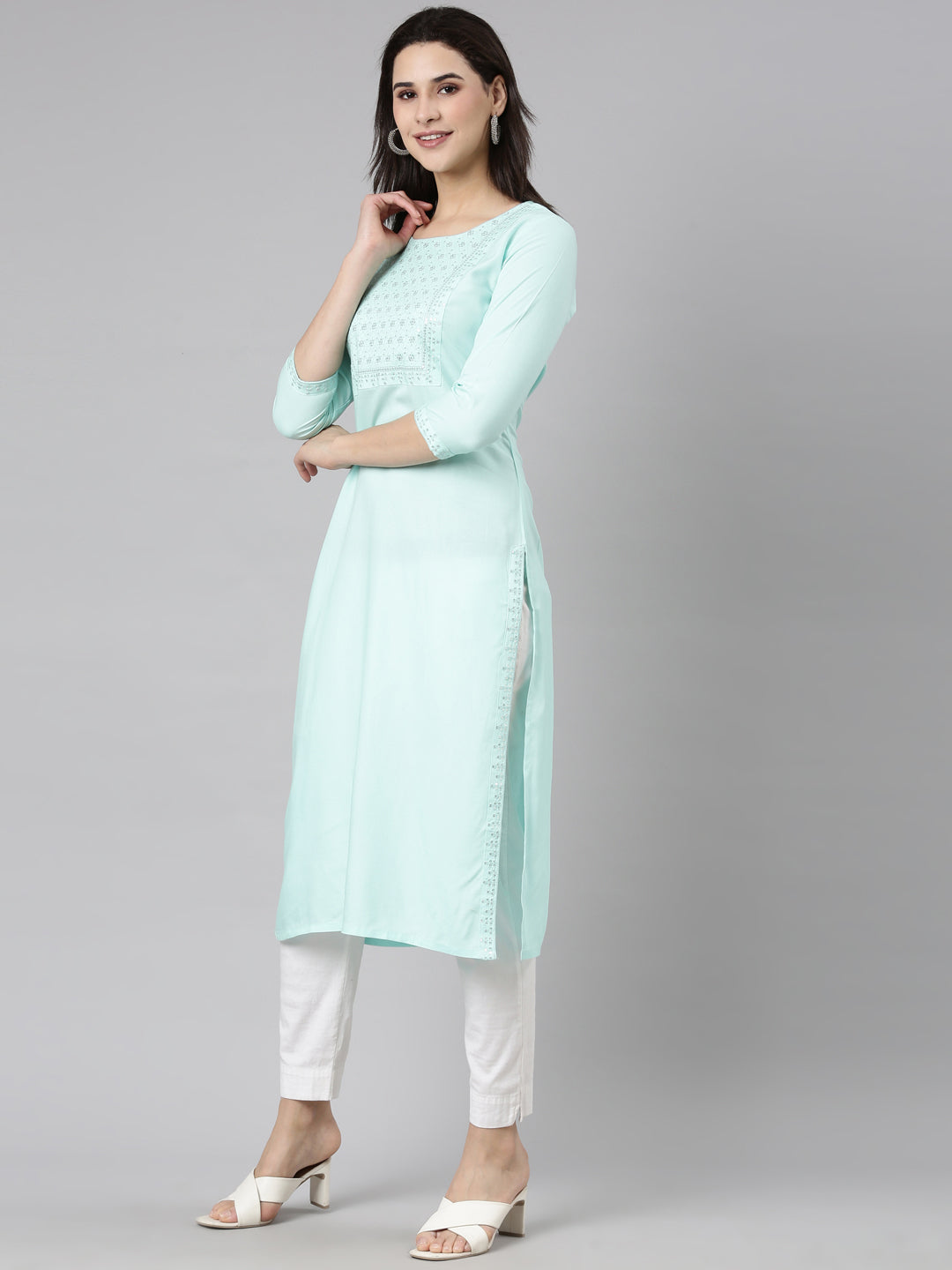 Neerus Green viscose rayon solid straight kurti - back view