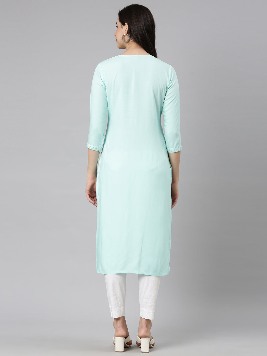 Neerus Green viscose rayon solid straight kurti - side view