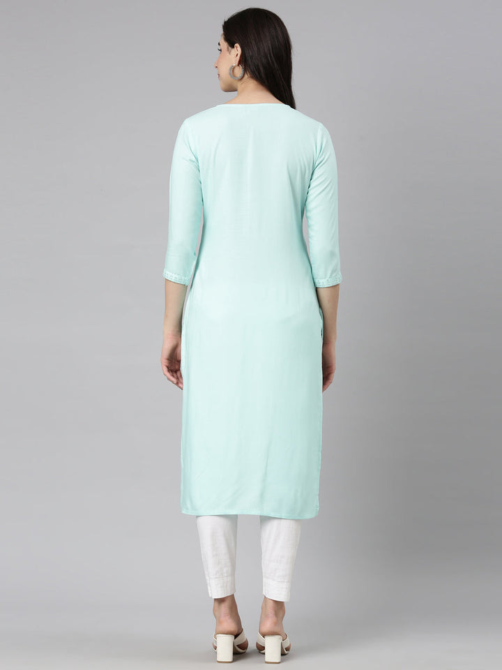 Neerus Green viscose rayon solid straight kurti - side view