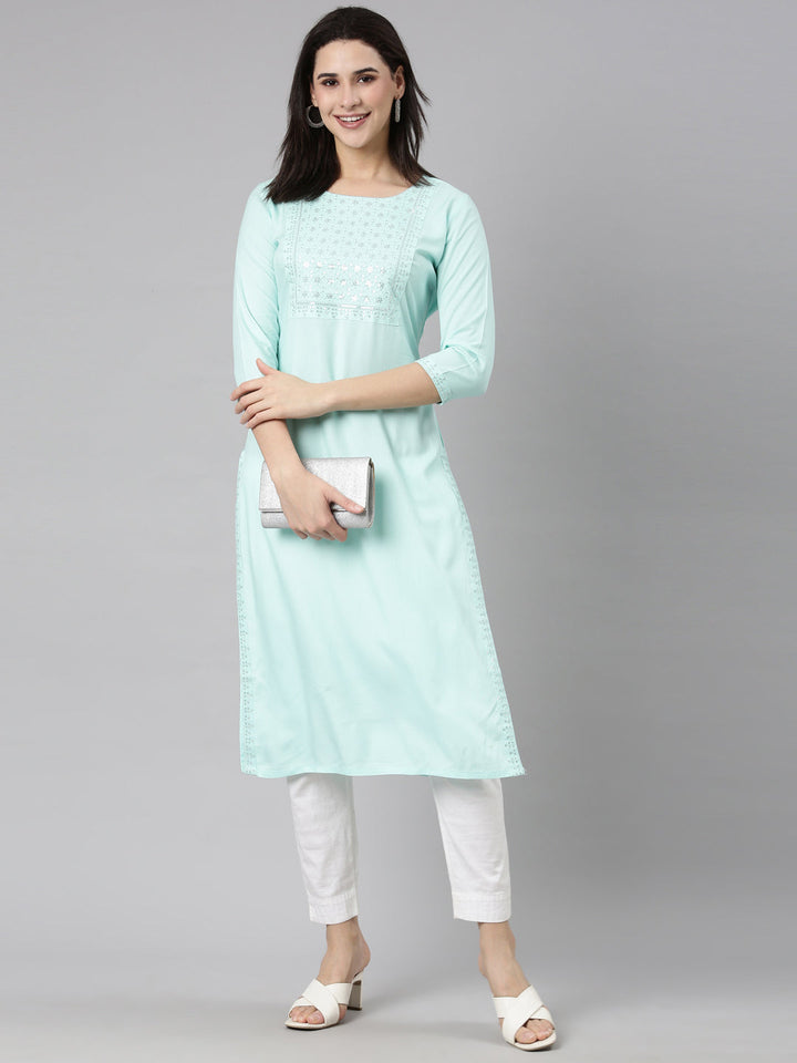 Neerus Green viscose rayon solid straight kurti - detail view 1