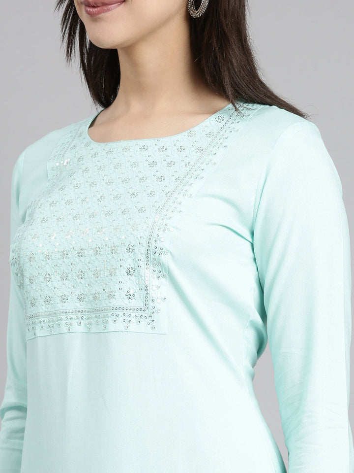 Neerus Green viscose rayon solid straight kurti - detail view 2