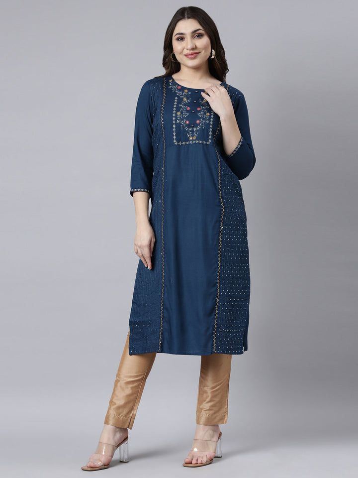 Neerus Blue Jacquard Woven Straight Kurti - front view