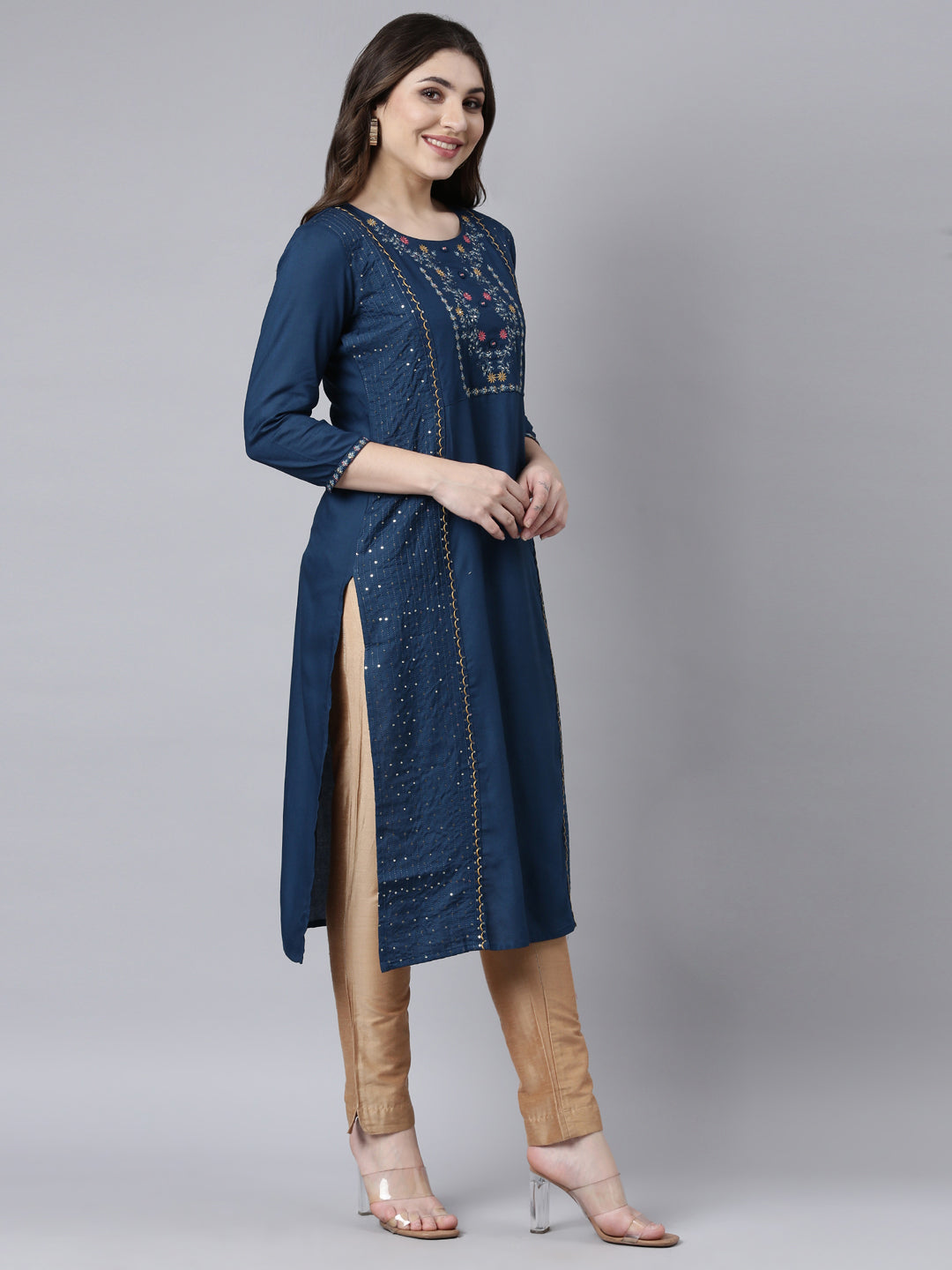 Neerus Blue Jacquard Woven Straight Kurti - back view