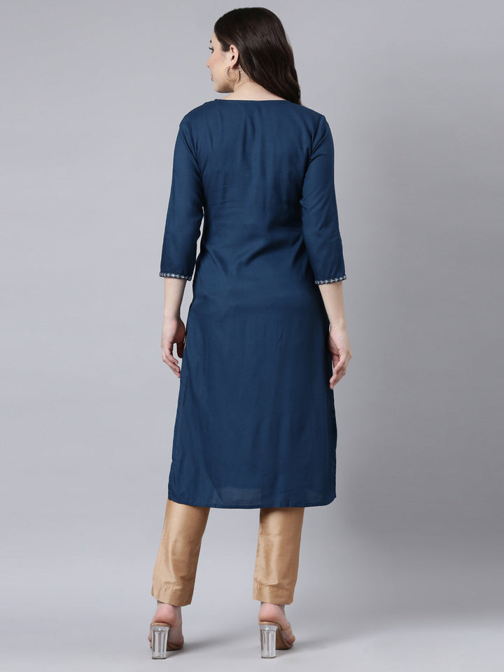 Neerus Blue Jacquard Woven Straight Kurti - side view