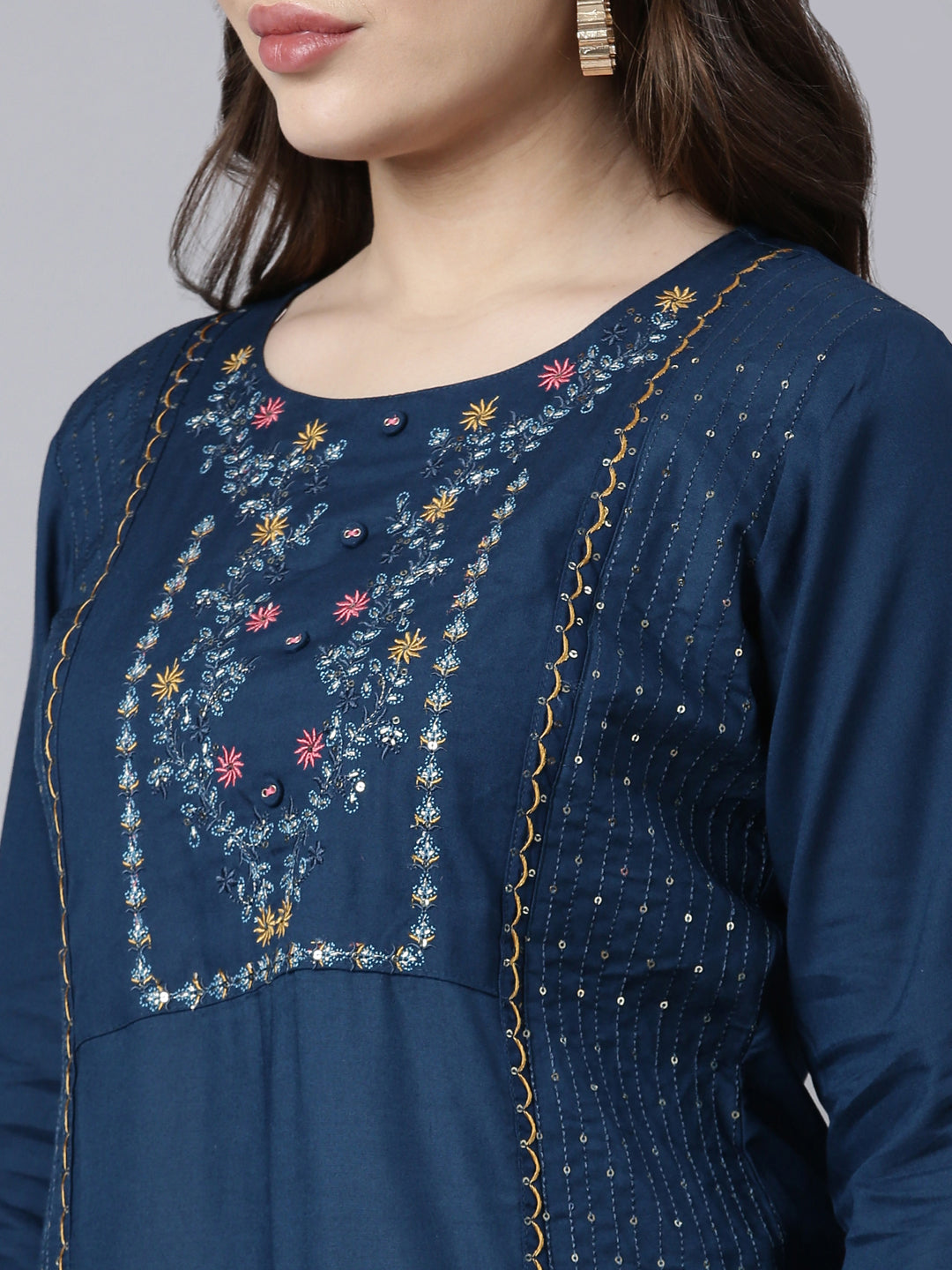 Neerus Blue Jacquard Woven Straight Kurti - detail view 1