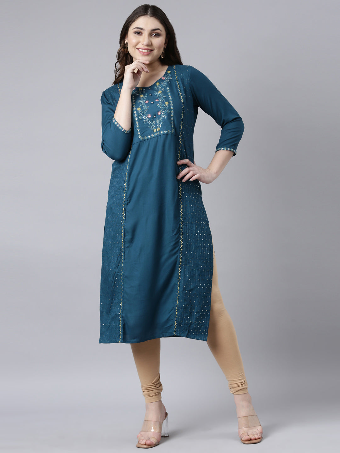 Neerus Blue jacquard woven straight kurti - front view