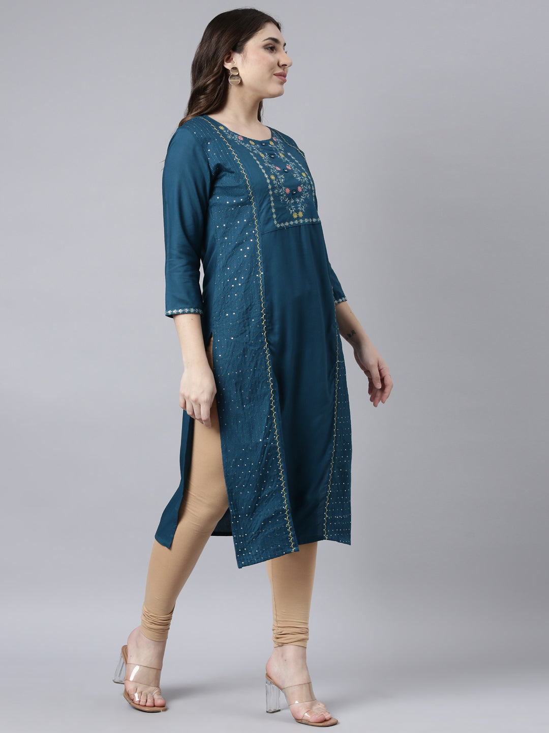 Neerus Blue jacquard woven straight kurti - back view