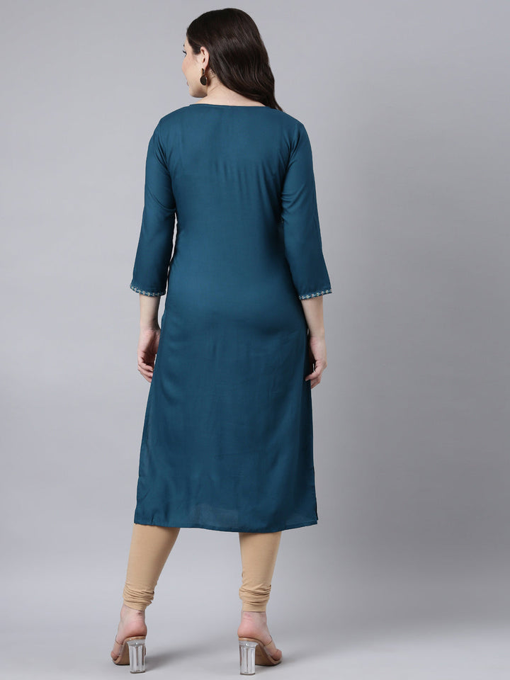 Neerus Blue jacquard woven straight kurti - side view