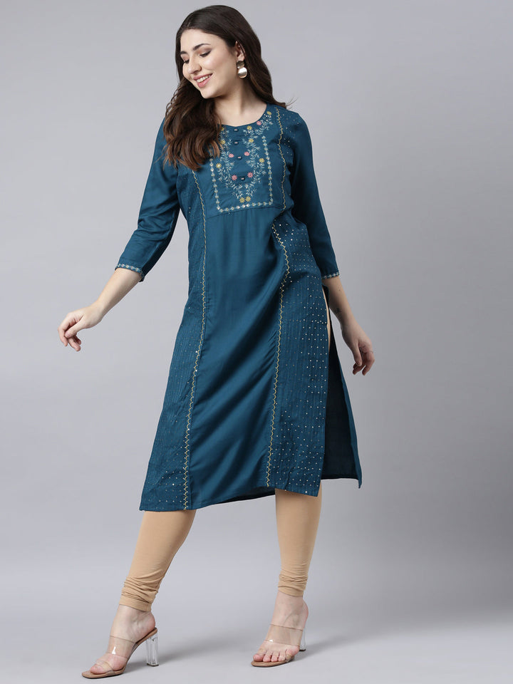 Neerus Blue jacquard woven straight kurti - detail view 2
