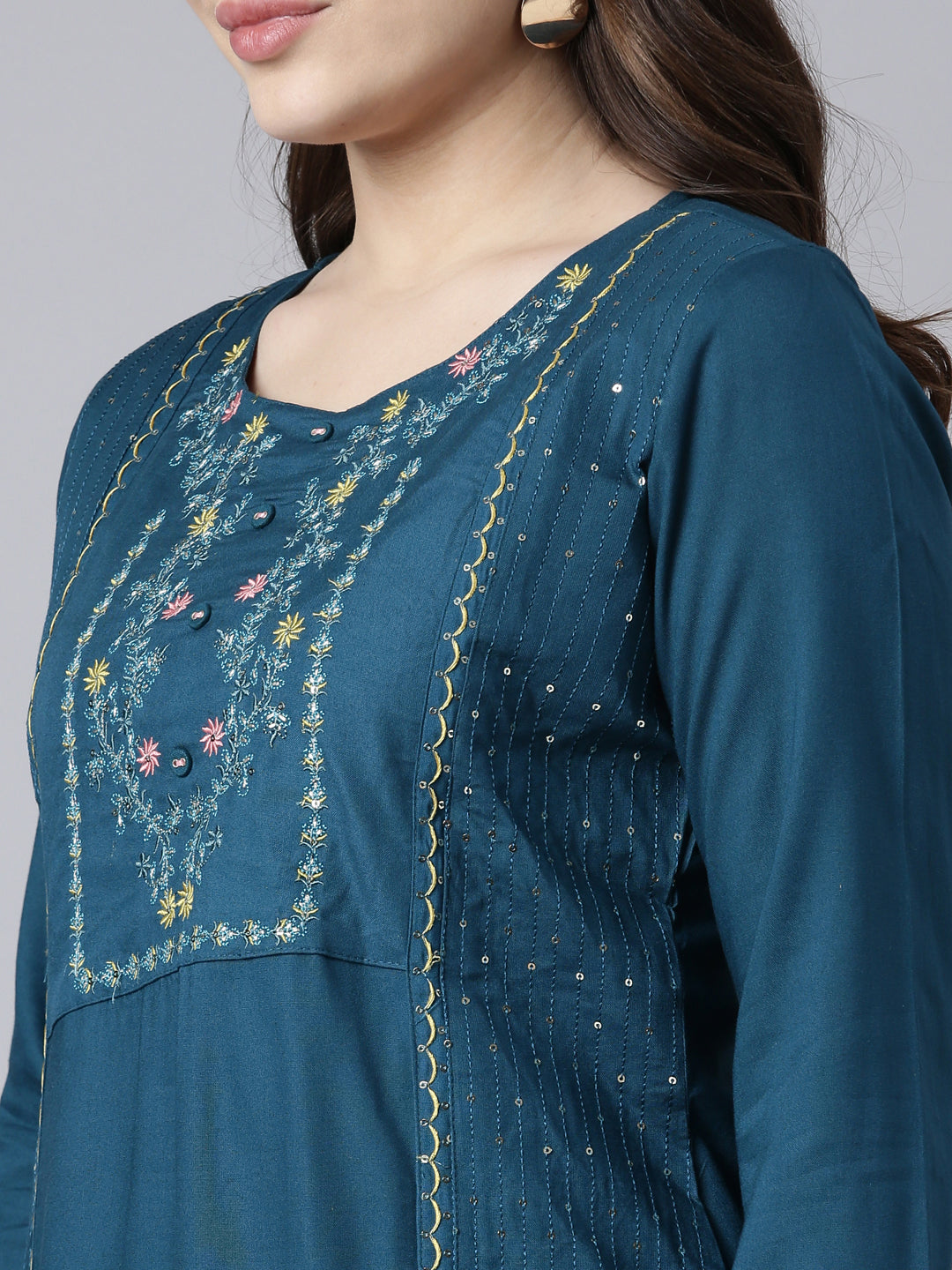 Neerus Blue jacquard woven straight kurti - detail view 1