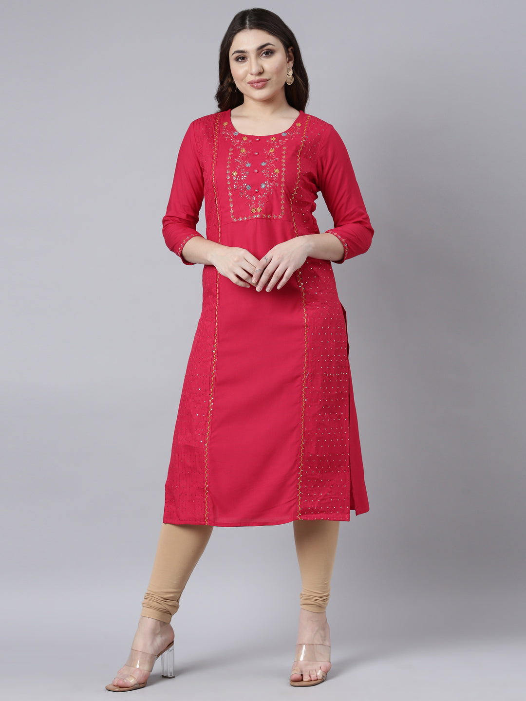 Neerus Floral rayon embroidered panelled kurta - front view