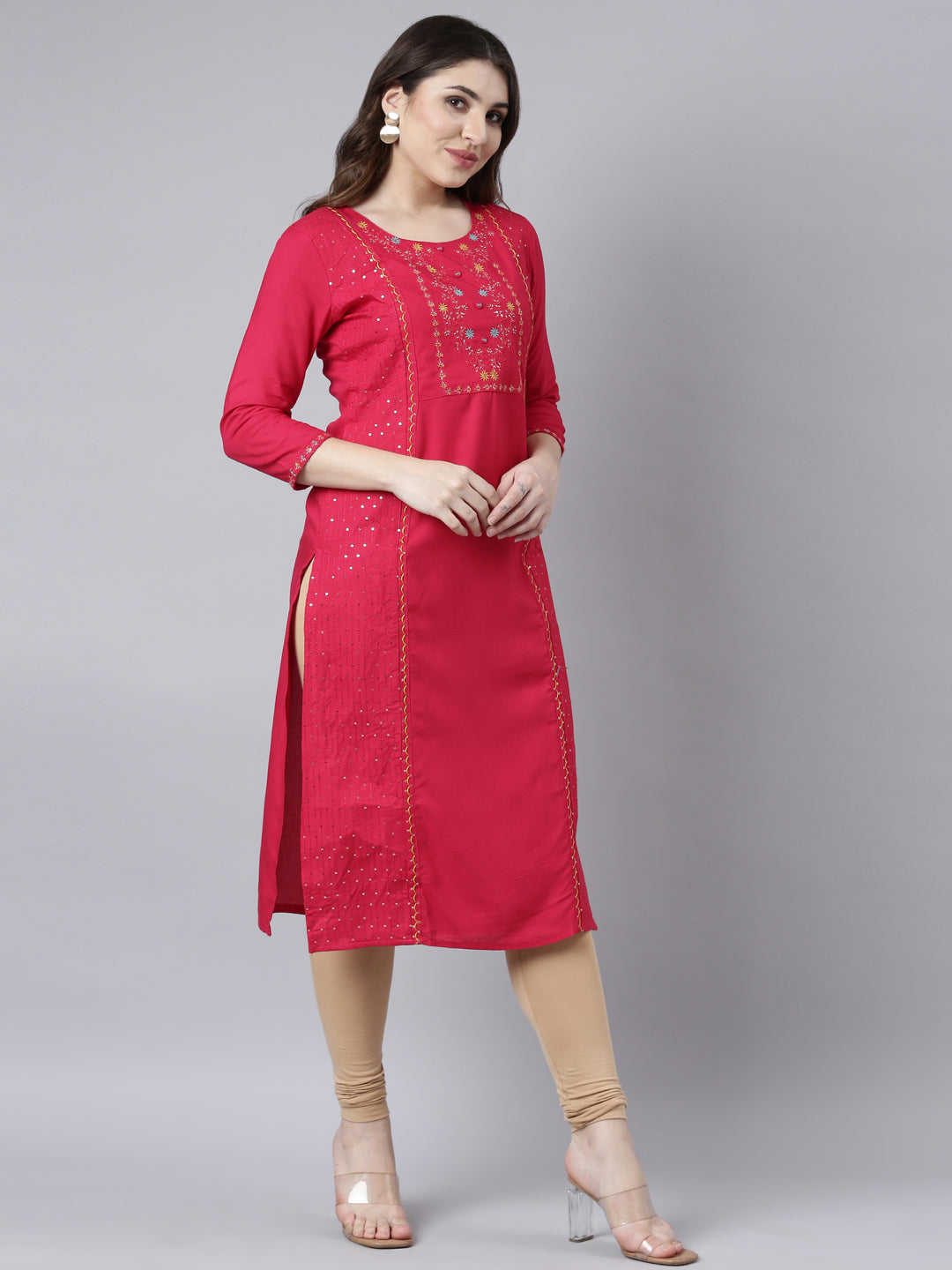 Neerus Floral rayon embroidered panelled kurta - back view