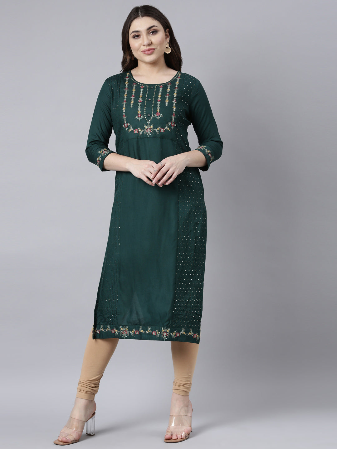 Neerus Green jacquard woven straight kurti - front view