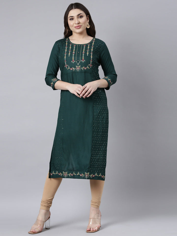 Neerus Green jacquard woven straight kurti - front view