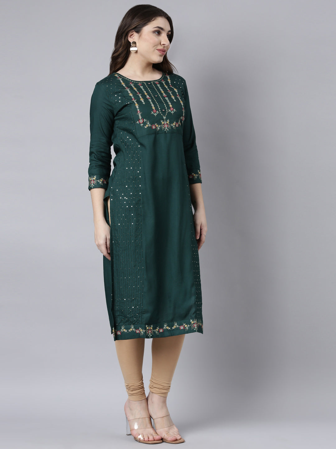 Neerus Green jacquard woven straight kurti - back view
