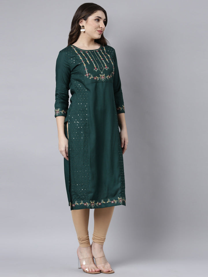 Neerus Green jacquard woven straight kurti - back view