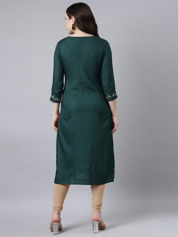 Neerus Green jacquard woven straight kurti - side view