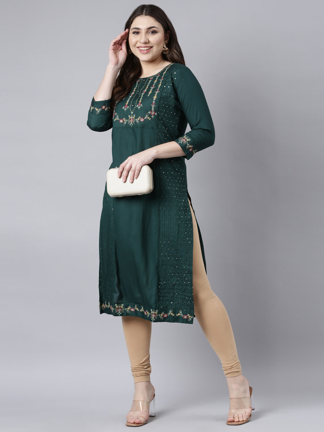 Neerus Green jacquard woven straight kurti - detail view 2