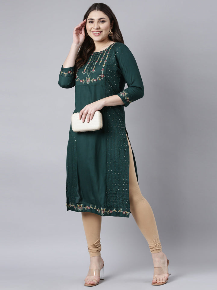 Neerus Green jacquard woven straight kurti - detail view 2