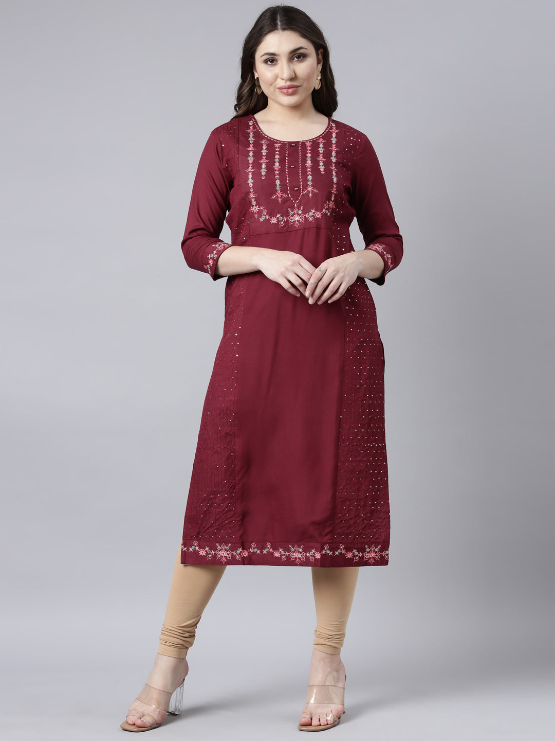 Neerus Maroon woven straight kurti - front view