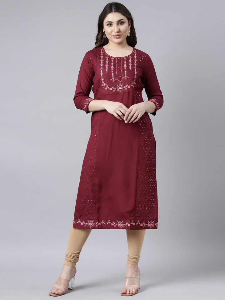 Neerus Maroon woven straight kurti - front view