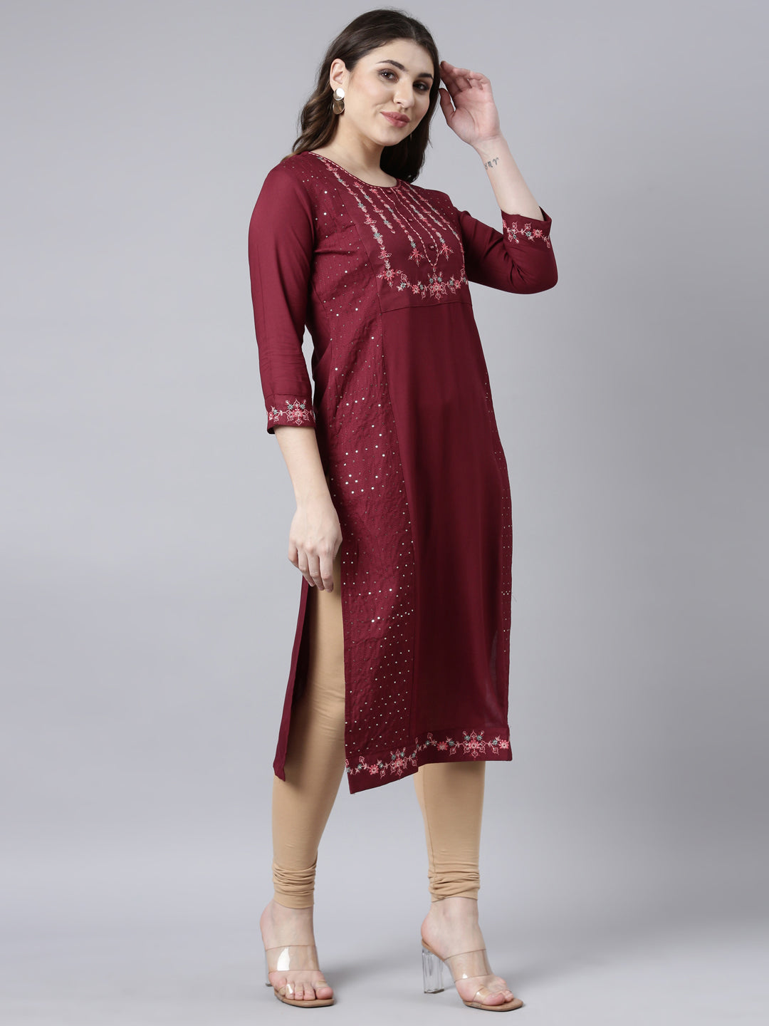 Neerus Maroon woven straight kurti - back view