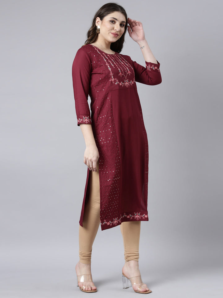 Neerus Maroon woven straight kurti - back view