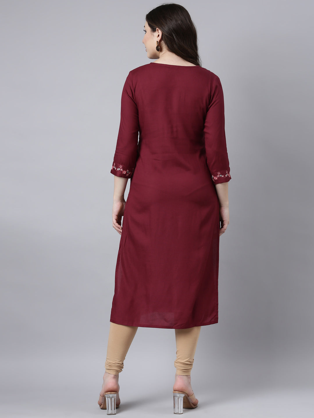 Neerus Maroon woven straight kurti - side view