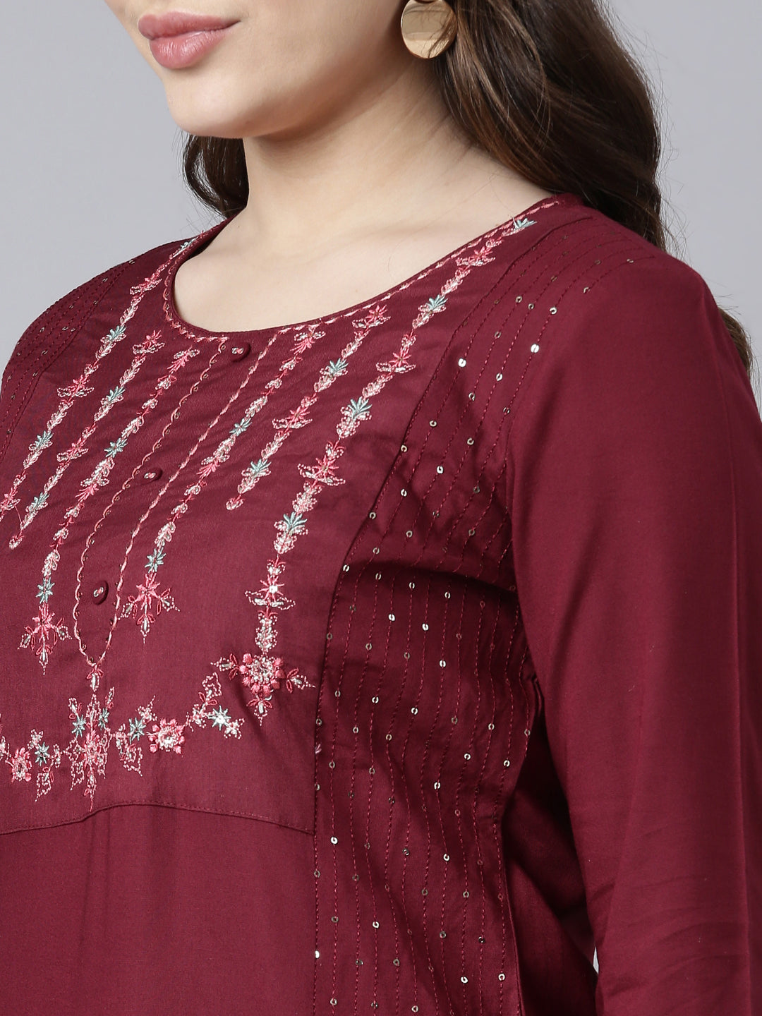 Neerus Maroon woven straight kurti - detail view 1