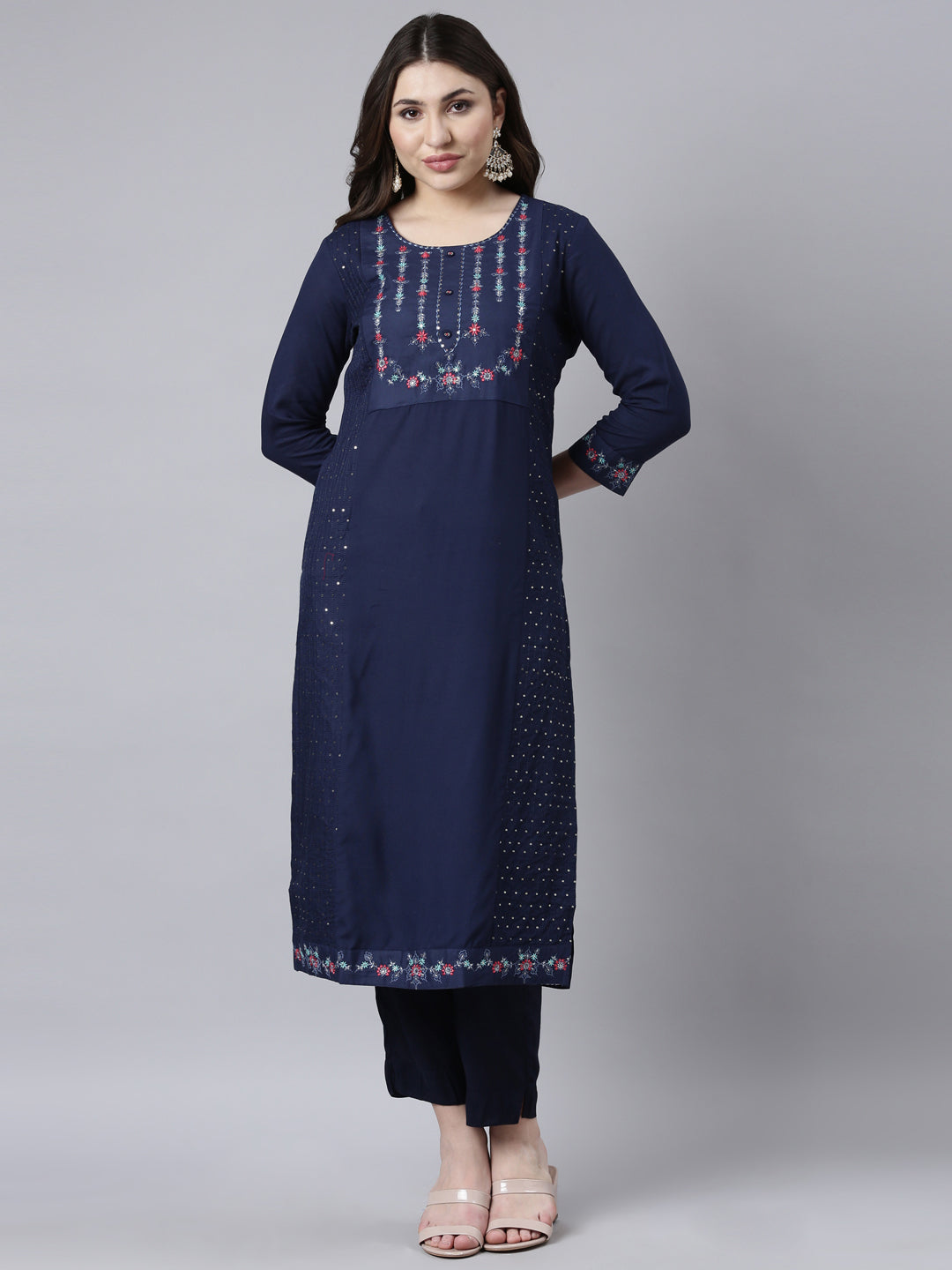 Neerus Blue jacquard woven straight kurti - front view