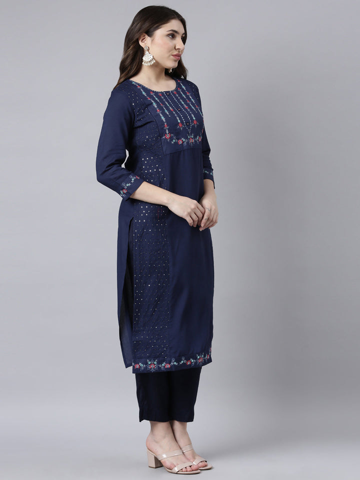 Neerus Blue jacquard woven straight kurti - back view