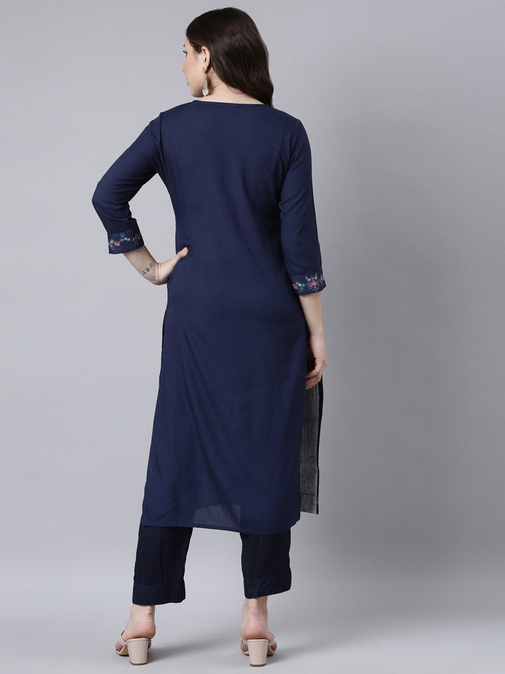 Neerus Blue jacquard woven straight kurti - side view