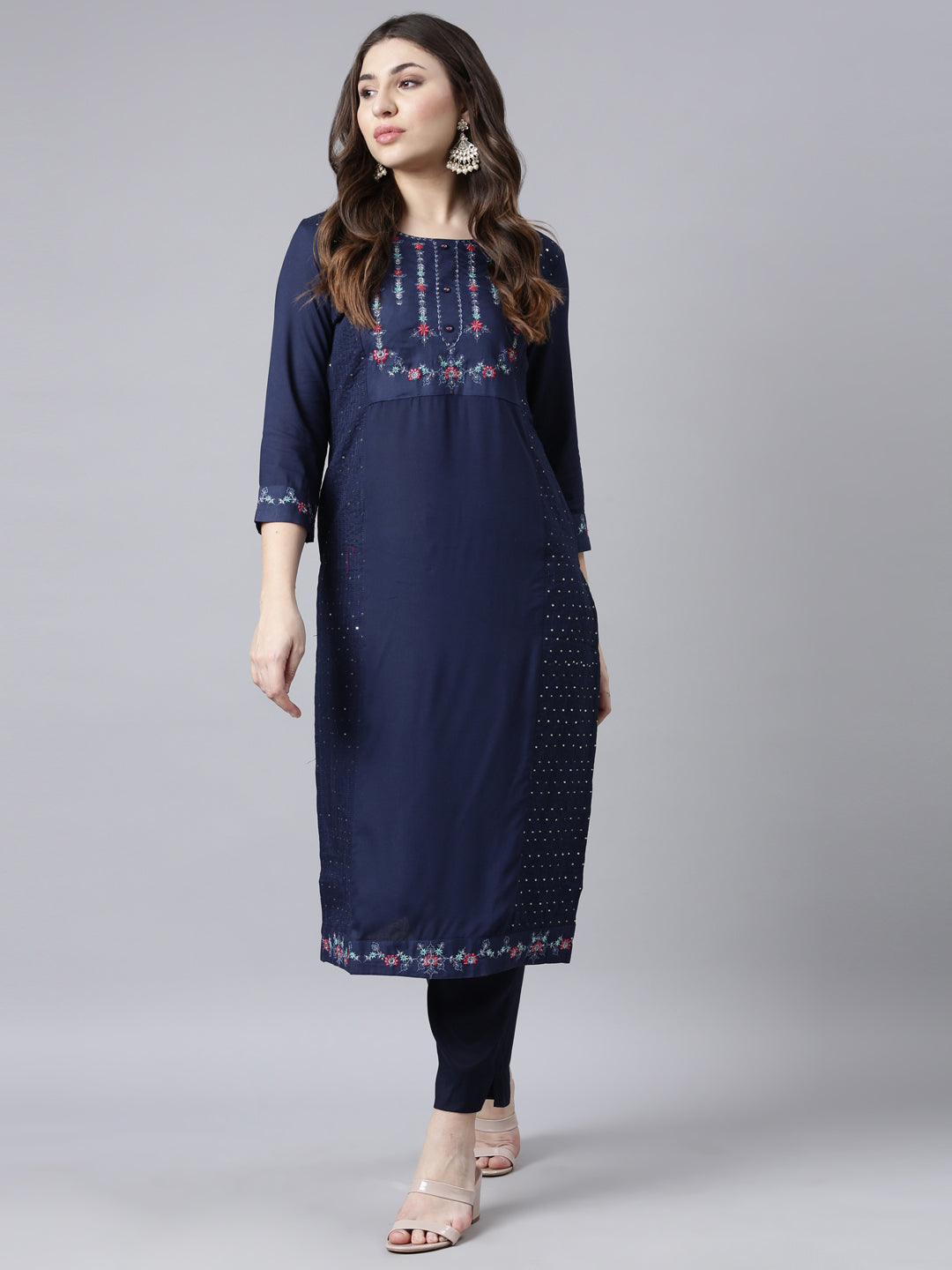 Neerus Blue jacquard woven straight kurti - detail view 2