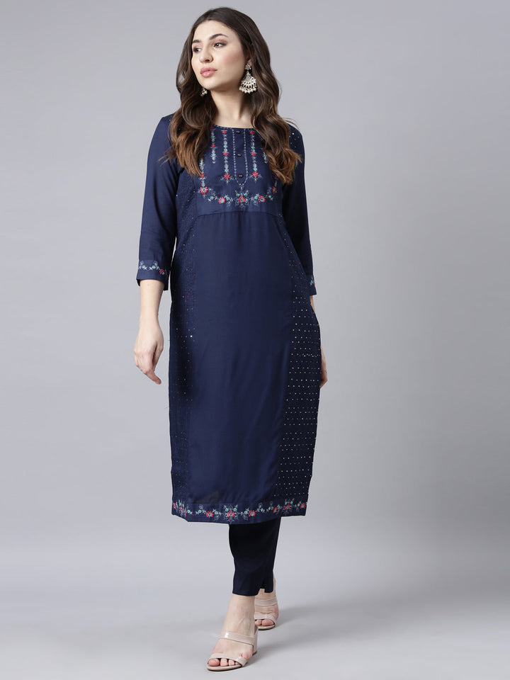Neerus Blue jacquard woven straight kurti - detail view 2