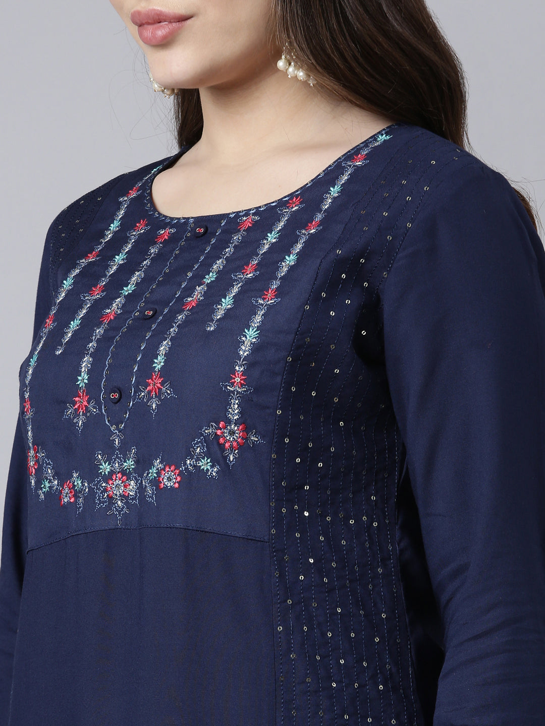 Neerus Blue jacquard woven straight kurti - detail view 1
