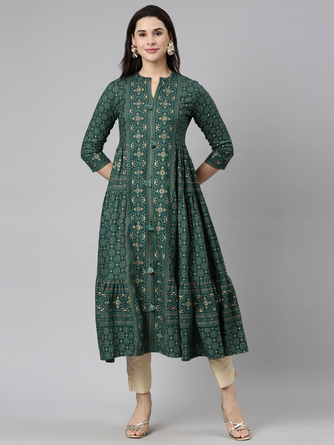 Neerus Green printed flared maxi dress - front view